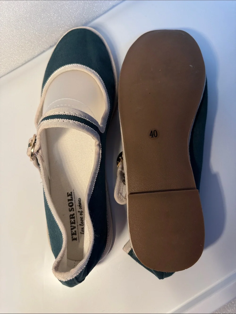 Dark Green Mary Jane Canvas Flats with Cream Trim and Buckle